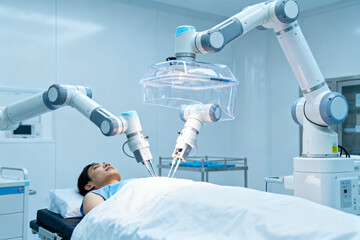 Patient undergoing robotic surgery in a modern operating room with multiple robotic arms assisting the procedure.