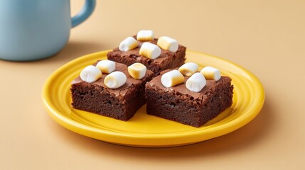 Delicious chocolate brownie squares topped with marshmallows served on a vibrant yellow plate next to a cozy blue cup for a perfect dessert setting
