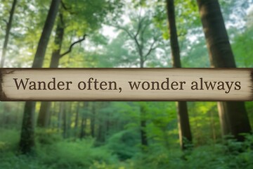 Inspirational Quote Sign Wander Often Wonder Always in Lush Green Forest Background text words