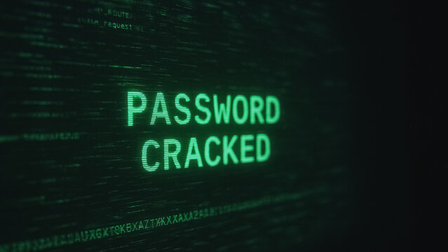 PASSWORD CRACKED text on a digital screen with binary code background