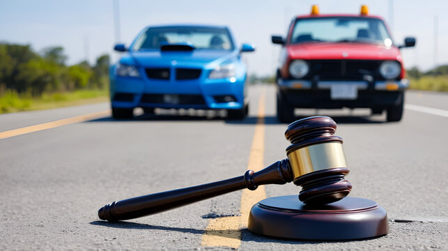 Gavel at Accident Scene, Sideswipe Head-On Collision, Blurred Road Background