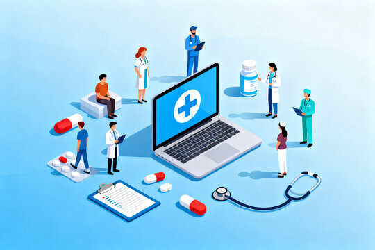 Illustration of healthcare professionals and medical tools surrounding a laptop with a medical cross symbol, depicting digital health and telemedicine.