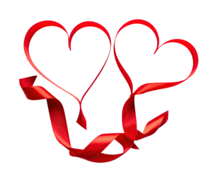 Two intertwined red hearts with a red ribbon