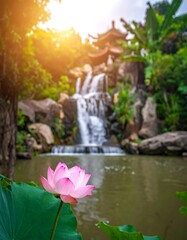 Pink lotus blossom in foreground, waterfall and temple in background