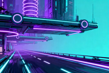 Futuristic neon-lit cityscape with elevated transit system and glowing road