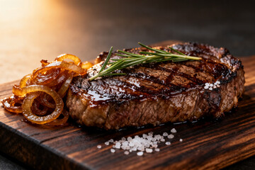 Grilled steak with rosemary and caramelized onions on a wooden board