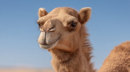 Close-up View of a Smiling Camel in a Desert Landscape Under Clear Blue Sky, Capturing the Unique Features of This Iconic Animal in Natural Habitat