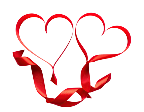 Two intertwined red hearts with a red ribbon