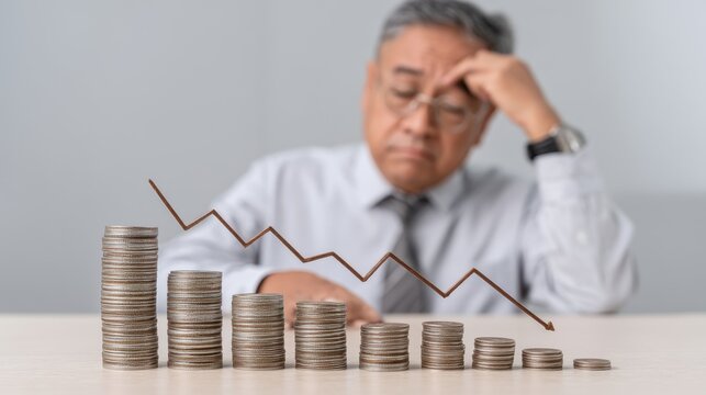 Concerned business man analyzing financial decline with stacked coins and downward trend graph, representing economic challenges and investment worries