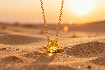 Golden necklace with yellow gemstone resting on sandy beach at sunset