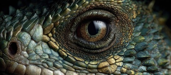 Detailed Close-up of a Dragon's Watchful Eye and Textured Green and Gold Reptile Scales