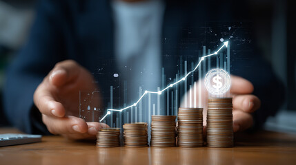 businessman's hands holding coins and a financial graph showing growth