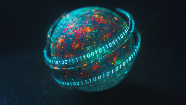 An abstract digital sphere, symbolizing data and connectivity, intricately adorned with binary code and vibrant colors, floating against a dark and immersive backdrop.