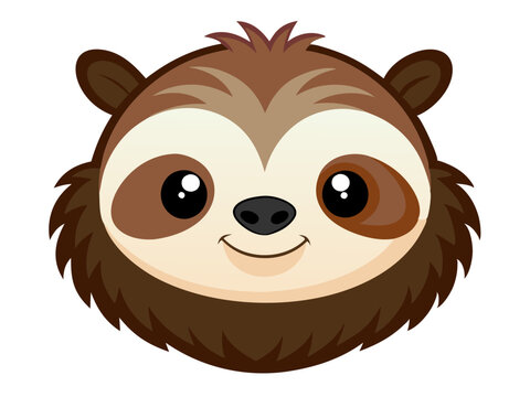 Cute Cartoon Sloth Face Vector Illustration with Big Eyes and Smile