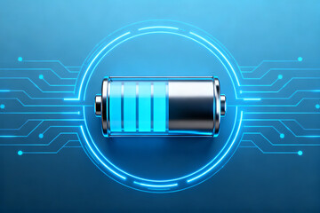 Digital battery icon with circuit design on blue background