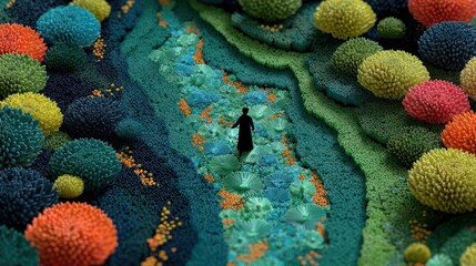 Silhouetted Figure Walking Through Vibrant Abstract Coral and Floral Landscape