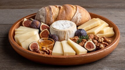 Delicious cheese platter with assorted cheeses, figs, nuts, honey, and freshly baked bread on rustic wooden table for elegant dining or special occasions