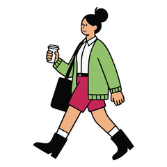 Minimalist Style Walking Woman with Coffee Cup Flat Illustration Graphic