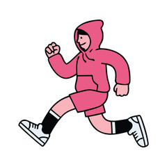 Minimalist Line Art Running Character Wearing Hoodie in Flat Illustration Style