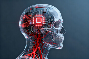 Human skull with integrated circuitry and glowing red neural pathways, depicting a fusion of biology and technology