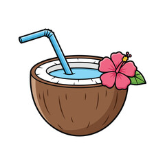 Cartoon Style Delicious Coconut Drink with Hibiscus Flower Illustration