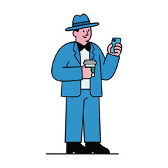 Modern Line Art Man in Suit Holding Coffee and Smartphone Illustration