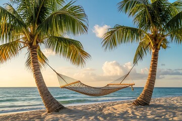 Hammock strung between two palm trees on a sandy beach with the ocean and sky in the background image