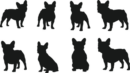 Eight French Bulldog Silhouette Icons in Black – Dog Poses Vector Set for Pet Design, Branding, and Graphic Illustration Use