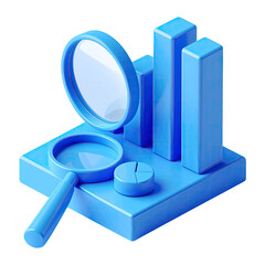 A stylized, light-blue 3D icon depicting a magnifying glass positioned over bar graphs and a pie chart, all resting on a square base. 
