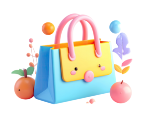 Cartoon shopping bag surrounded by fruit and flowers