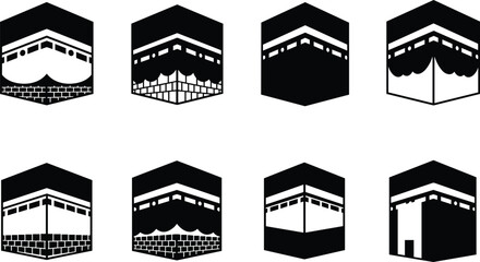 Set of Eight Kaaba Icons in Black and White – Islamic Sacred Symbol Variations for Religious, Cultural, and Artistic Design Use