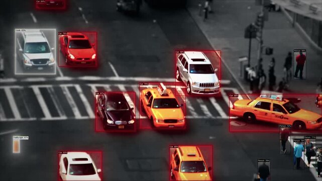 Busy New York street intersection with AI object detection system identifying cars, pedestrians, bicycles and traffic lights with confidence percentages. Multi-object tracking technology.