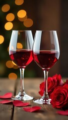 Two red wine glasses on rustic wood, gold bokeh background Romantic Valentine's Day setting , romantic, still life