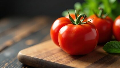 Vibrant red tomato, glistening skin, wooden board, surface, texture, ingredient