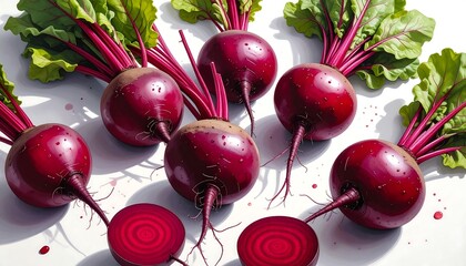 Vibrant red beets arranged on a white surface
