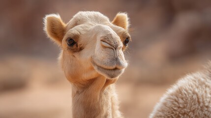 Fototapeta premium Close-Up Portrait of a Friendly Camel in Desert Landscape, Capturing Animal Features and Expressions in Natural Environment