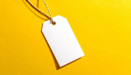 Blank white tag with twine loop on textured yellow background—brushstroke surface and centered placement—evokes crafted clarity, symbolic identity, and the rhythm of labeling, pause, and potential.