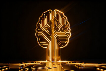 Golden circuit board tree glowing with light against dark background