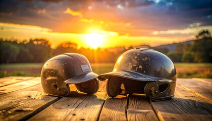 Three baseball helmets on wood surface at sunset—shiny, reflective, and worn camouflage—set against grassy field and trees—evokes crafted contrast, symbolic legacy, and the rhythm of sport, time, and 