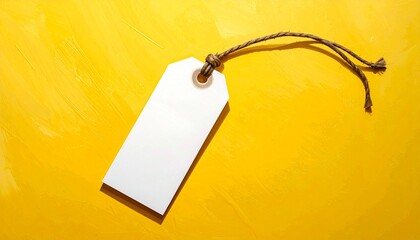 Blank white tag with twine loop on textured yellow background—brushstroke surface and centered placement—evokes crafted clarity, symbolic identity, and the rhythm of labeling, pause, and potential.