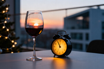 Glass of red wine and glowing alarm clock on table at sunset with city view