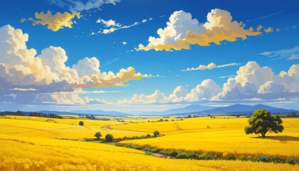Golden field under dramatic sunrise—yellow flowers stretch toward horizon, trees silhouetted, sunbeams pierce cloud-filled sky—evokes crafted serenity, symbolic renewal, and the rhythm of light, natur