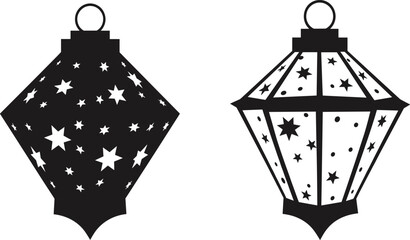 Two Decorative Lantern Icons in Black and White – Starry and Panelled Vector Set for Festive, Cultural, and Design Use