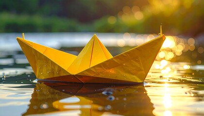 Yellow-orange paper boat floating on sunlit water—bokeh reflections, blurred green foliage, and low sun—evokes crafted nostalgia, symbolic drift, and the rhythm of memory, light, and quiet wonder.