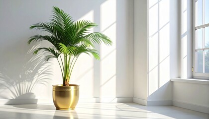 Indoor palm plant in golden pot near sunlit window—shadows cast on white tiled floor—evokes crafted elegance, symbolic stillness, and the rhythm of nature, light, and refined interior calm.