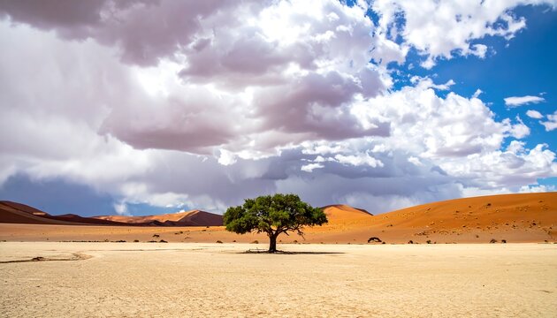 A lone tree stands in a vast, sandy landscape under dramatic skies