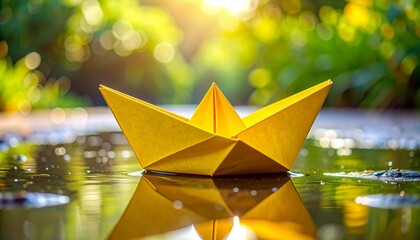 Yellow-orange paper boat floating on sunlit water—bokeh reflections, blurred green foliage, and low sun—evokes crafted nostalgia, symbolic drift, and the rhythm of memory, light, and quiet wonder.