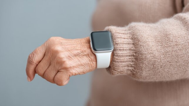 Elderly woman wearing modern smartwatch on wrist with beige sweater, showcasing technology and lifestyle integration in daily life for seniors and health tracking - Powered by Adobe