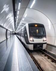 Naklejka premium Modern Subway Train Arriving at Station with Unique Architectural Design