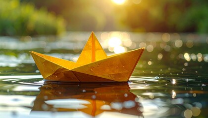 Yellow-orange paper boat floating on sunlit water—bokeh reflections, blurred green foliage, and low sun—evokes crafted nostalgia, symbolic drift, and the rhythm of memory, light, and quiet wonder.